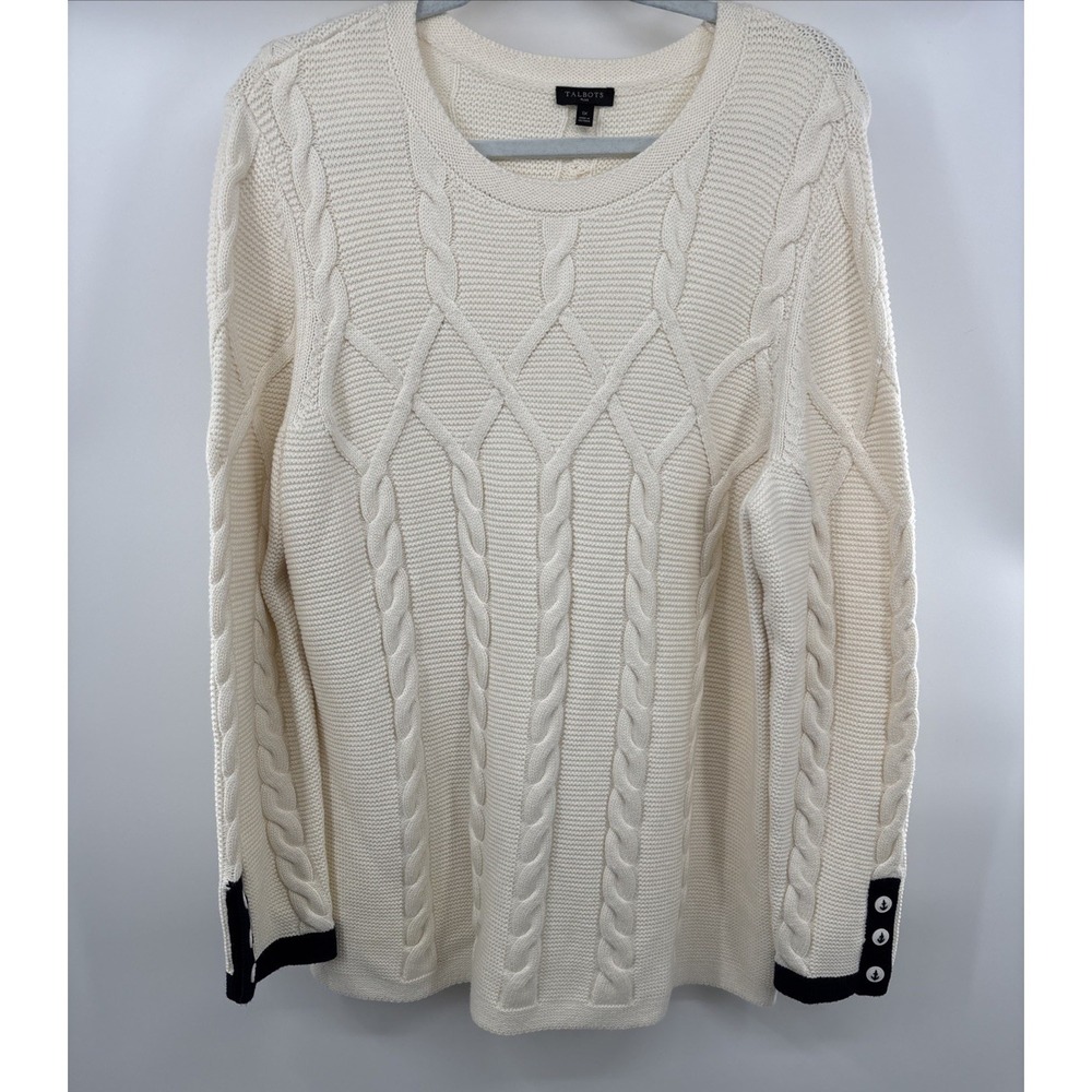 Talbots Chunky Cable Knit Ivory Nautical Sweater 1X Plus Anchor‎ Buttons New